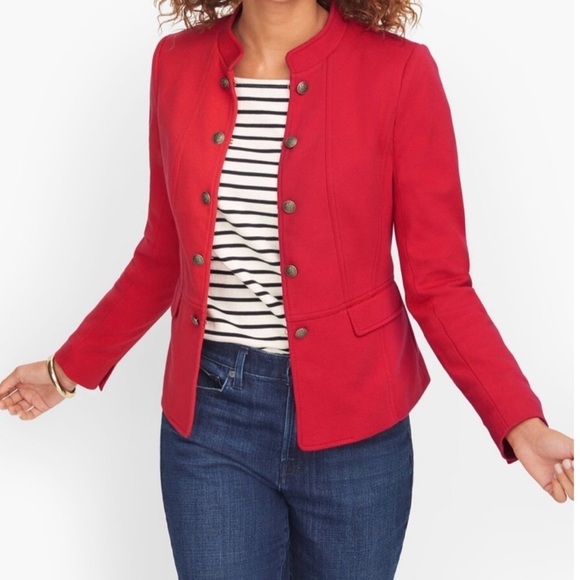 Talbots Red Jacket Military Style Cotton Blend Crest Buttons Twill size 6P - Picture 1 of 6